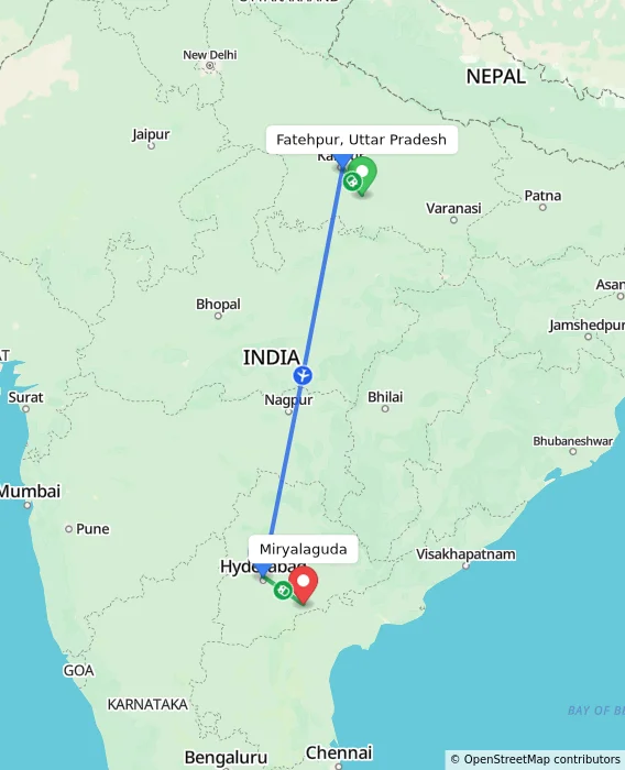 Route map showing distance and travel time from Fatehpur, Uttar Pradesh, India to Miryalaguda, India