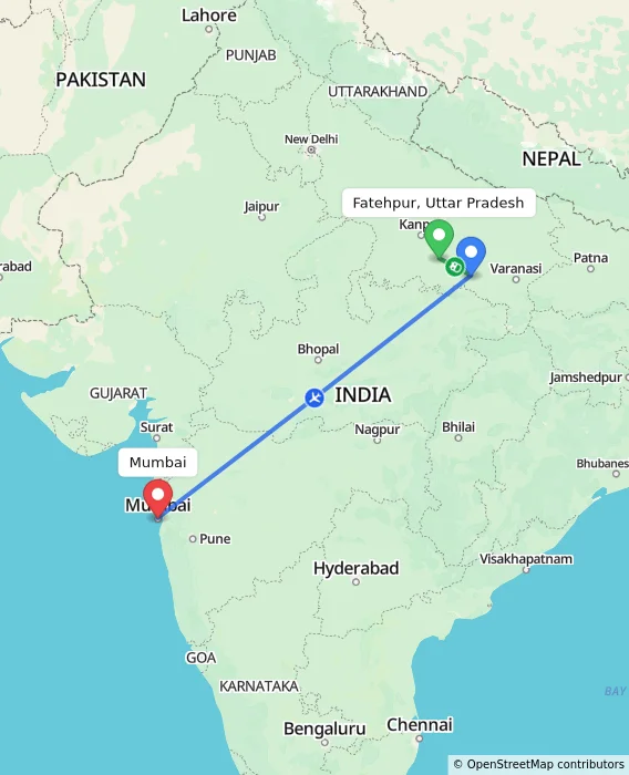 Route map showing distance and travel time from Fatehpur, Uttar Pradesh, India to Mumbai, India