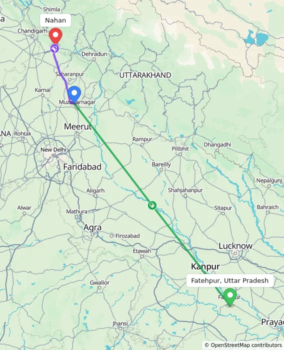 Route map showing distance and travel time from Fatehpur, Uttar Pradesh, India to Nahan, India