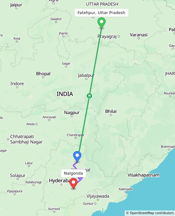 Route map showing distance and travel time from Fatehpur, Uttar Pradesh, India to Nalgonda, India