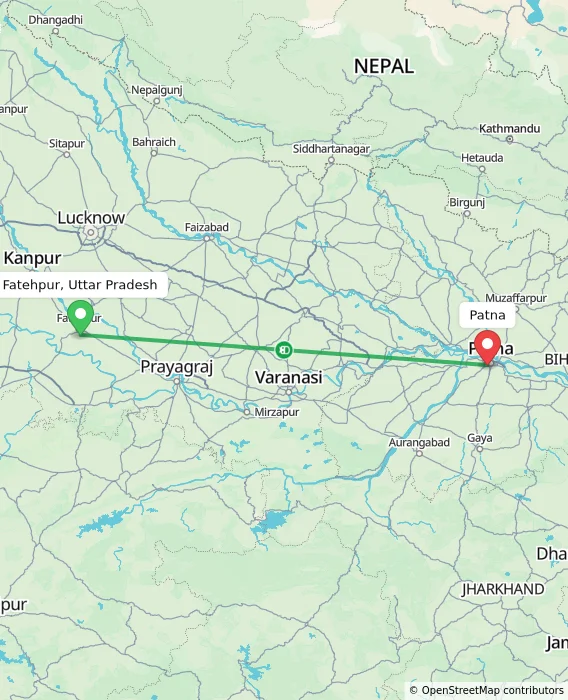 Route map showing distance and travel time from Fatehpur, Uttar Pradesh, India to Patna, India