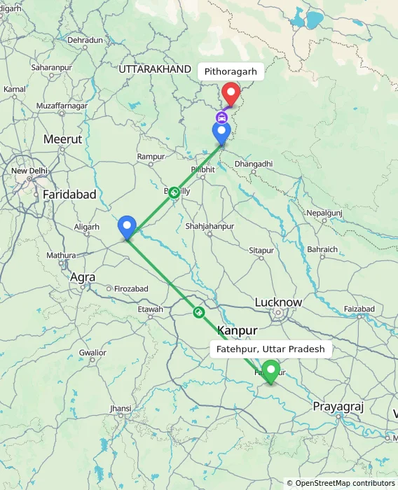 Route map showing distance and travel time from Fatehpur, Uttar Pradesh, India to Pithoragarh, India