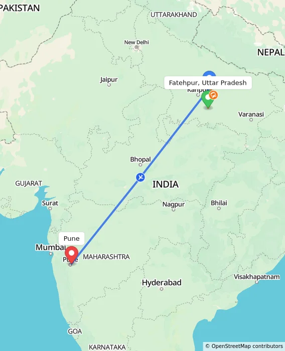 Route map showing distance and travel time from Fatehpur, Uttar Pradesh, India to Pune, India