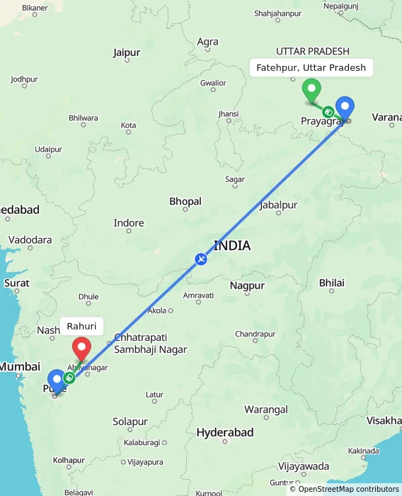Route map showing distance and travel time from Fatehpur, Uttar Pradesh, India to Rahuri, India