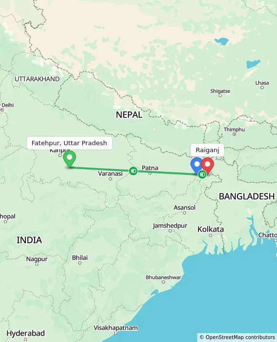 Route map showing distance and travel time from Fatehpur, Uttar Pradesh, India to Raiganj, India