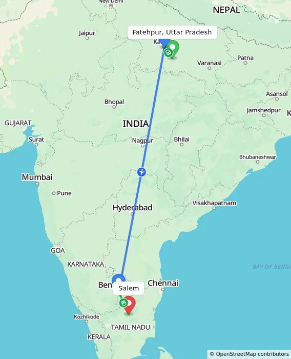 Route map showing distance and travel time from Fatehpur, Uttar Pradesh, India to Salem, India