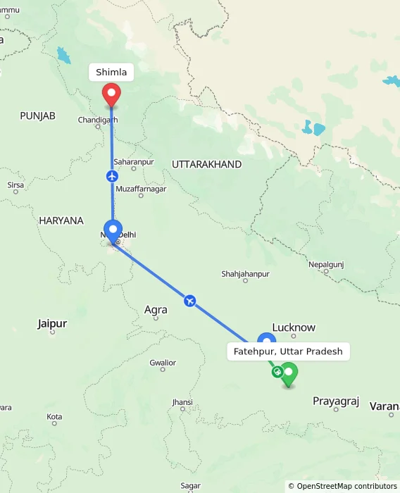 Route map showing distance and travel time from Fatehpur, Uttar Pradesh, India to Shimla, India