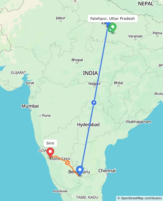 Route map showing distance and travel time from Fatehpur, Uttar Pradesh, India to Sirsi, India