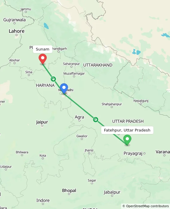 Route map showing distance and travel time from Fatehpur, Uttar Pradesh, India to Sunam, India