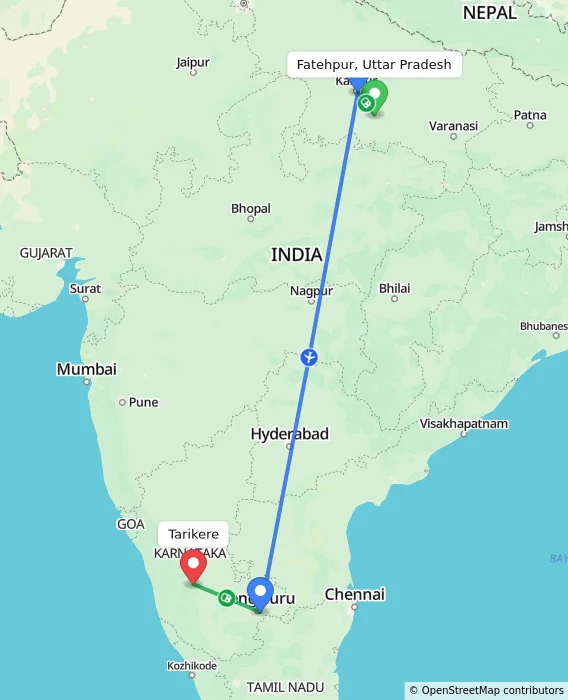 Route map showing distance and travel time from Fatehpur, Uttar Pradesh, India to Tarikere, India