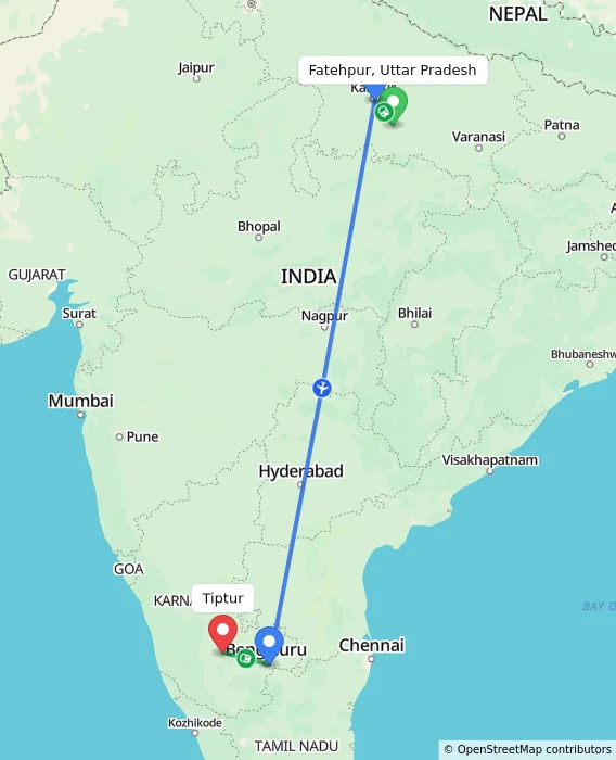 Route map showing distance and travel time from Fatehpur, Uttar Pradesh, India to Tiptur, India