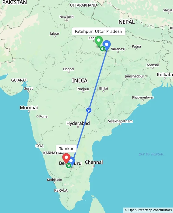 Route map showing distance and travel time from Fatehpur, Uttar Pradesh, India to Tumkur, India