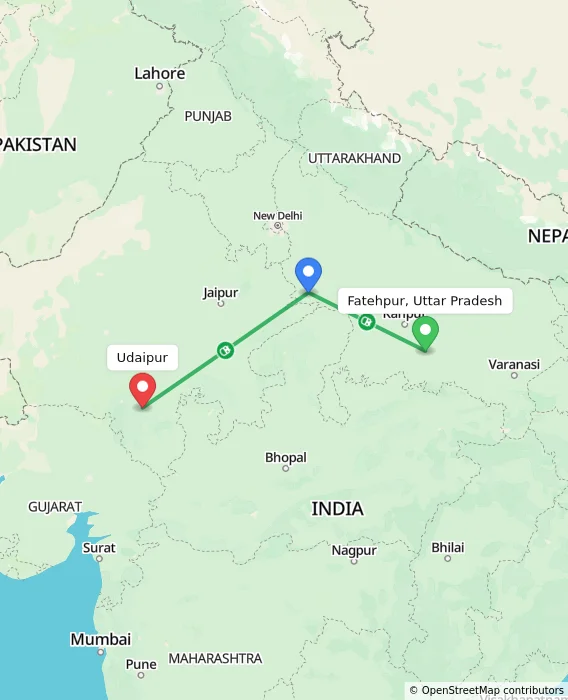 Route map showing distance and travel time from Fatehpur, Uttar Pradesh, India to Udaipur, India