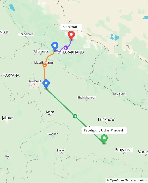 Route map showing distance and travel time from Fatehpur, Uttar Pradesh, India to Ukhimath, India