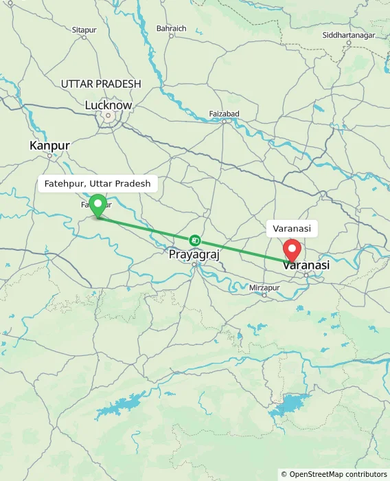 Route map showing distance and travel time from Fatehpur, Uttar Pradesh, India to Varanasi, India