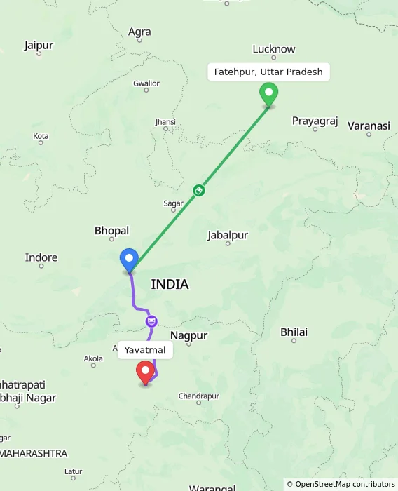 Route map showing distance and travel time from Fatehpur, Uttar Pradesh, India to Yavatmal, India