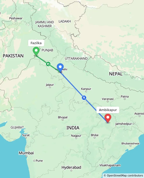Route map showing distance and travel time from Fazilka, India to Ambikapur, India