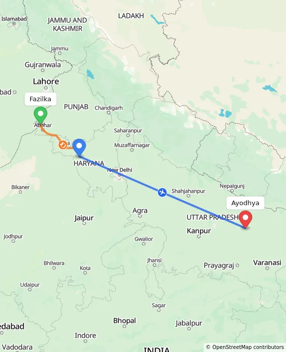 Route map showing distance and travel time from Fazilka, India to Ayodhya, India