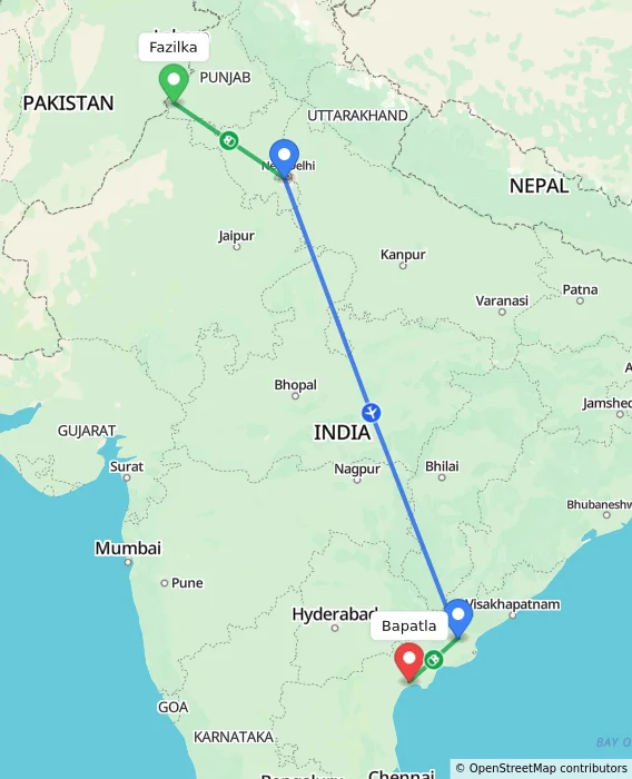 Route map showing distance and travel time from Fazilka, India to Bapatla, India