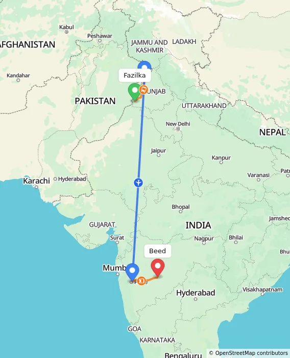 Route map showing distance and travel time from Fazilka, India to Beed, India