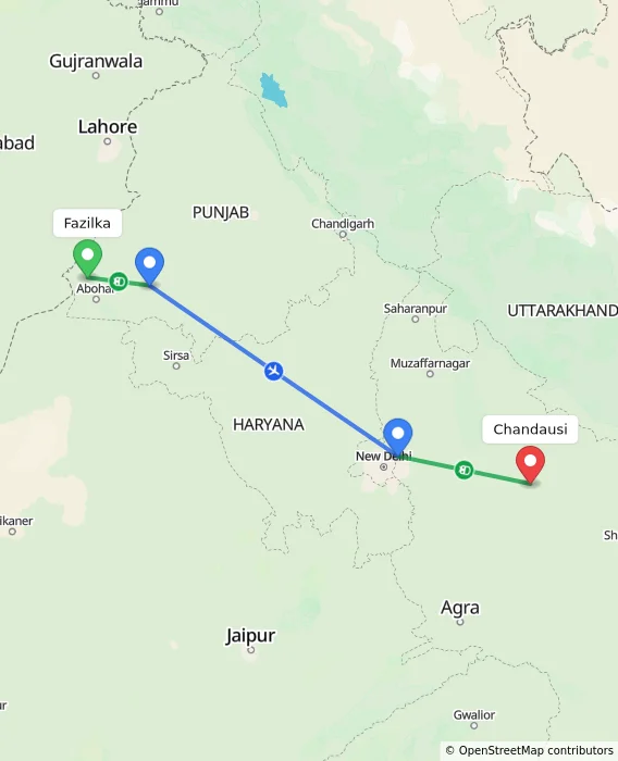 Route map showing distance and travel time from Fazilka, India to Chandausi, India