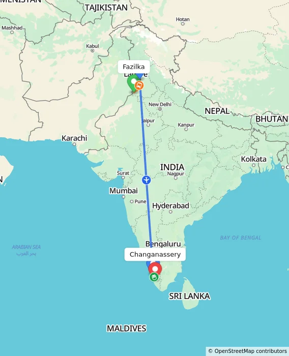 Route map showing distance and travel time from Fazilka, India to Changanassery, India