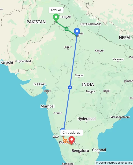 Route map showing distance and travel time from Fazilka, India to Chitradurga, India