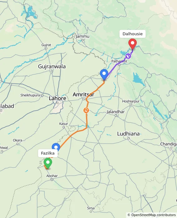 Route map showing distance and travel time from Fazilka, India to Dalhousie, India