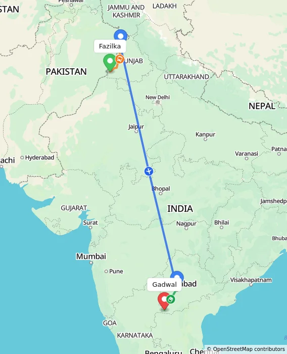 Route map showing distance and travel time from Fazilka, India to Gadwal, India
