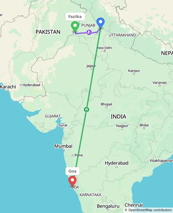 Route map showing distance and travel time from Fazilka, India to Goa, India