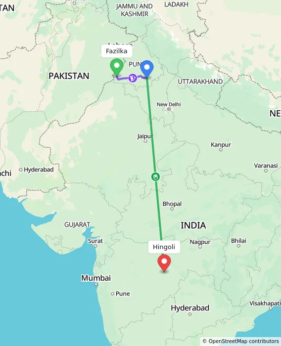 Route map showing distance and travel time from Fazilka, India to Hingoli, India