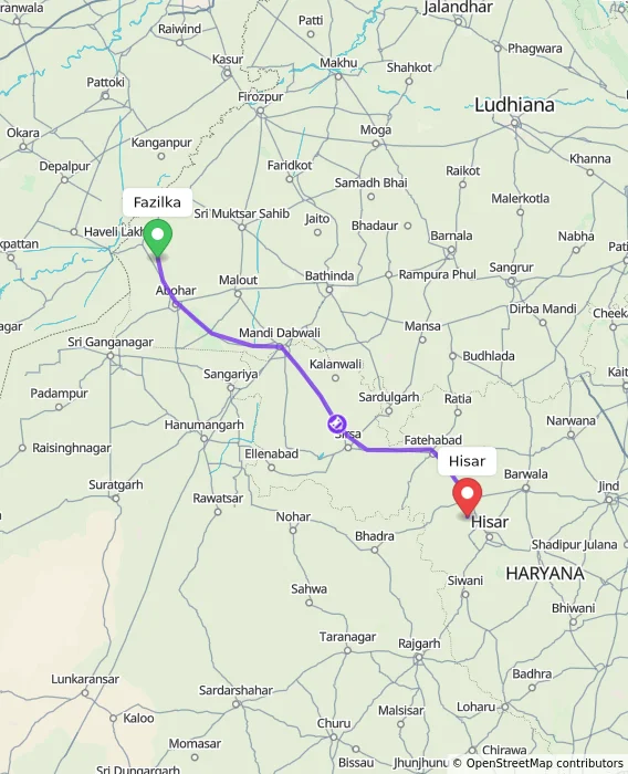Route map showing distance and travel time from Fazilka, India to Hisar, India