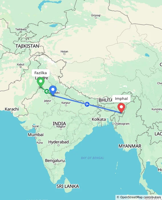 Route map showing distance and travel time from Fazilka, India to Imphal, India