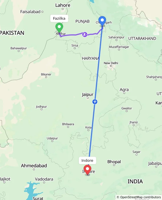 Route map showing distance and travel time from Fazilka, India to Indore, India