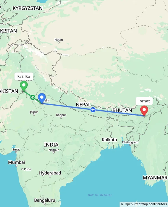 Route map showing distance and travel time from Fazilka, India to Jorhat, India