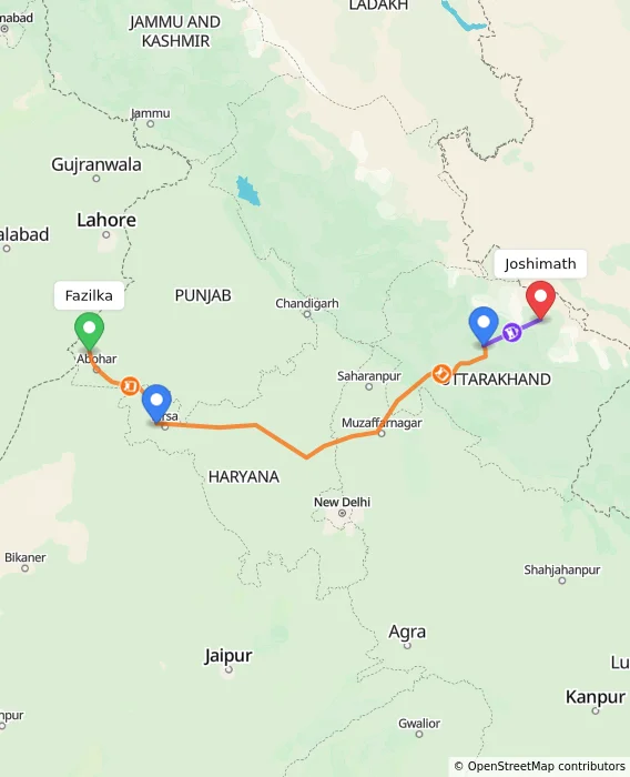 Route map showing distance and travel time from Fazilka, India to Joshimath, India
