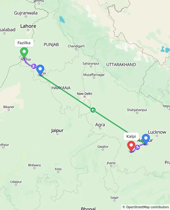 Route map showing distance and travel time from Fazilka, India to Kalpi, India