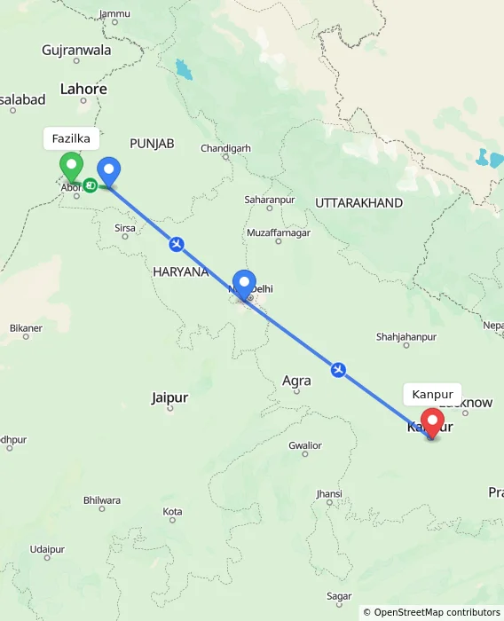 Route map showing distance and travel time from Fazilka, India to Kanpur, India