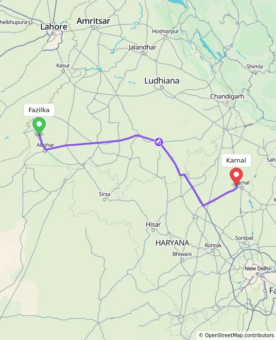 Route map showing distance and travel time from Fazilka, India to Karnal, India
