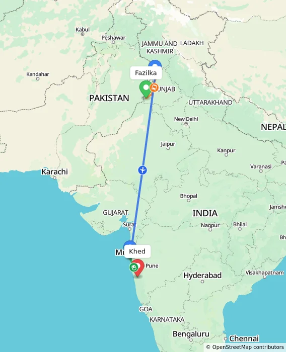 Route map showing distance and travel time from Fazilka, India to Khed, India