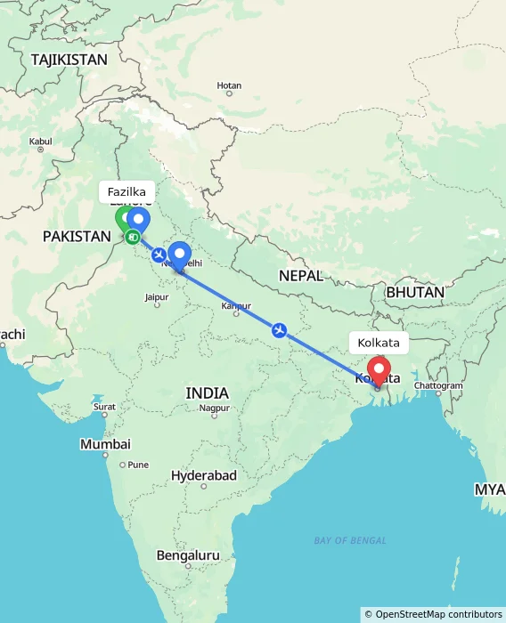 Route map showing distance and travel time from Fazilka, India to Kolkata, India