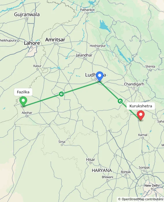 Route map showing distance and travel time from Fazilka, India to Kurukshetra, India