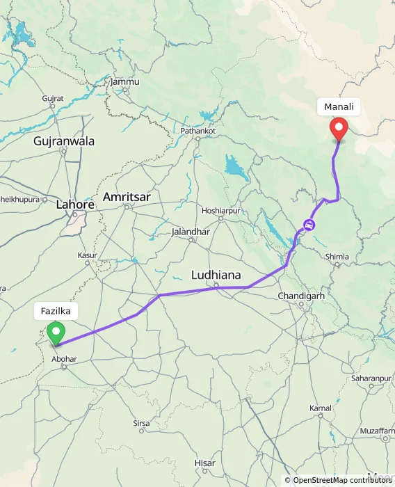 Route map showing distance and travel time from Fazilka, India to Manali, India