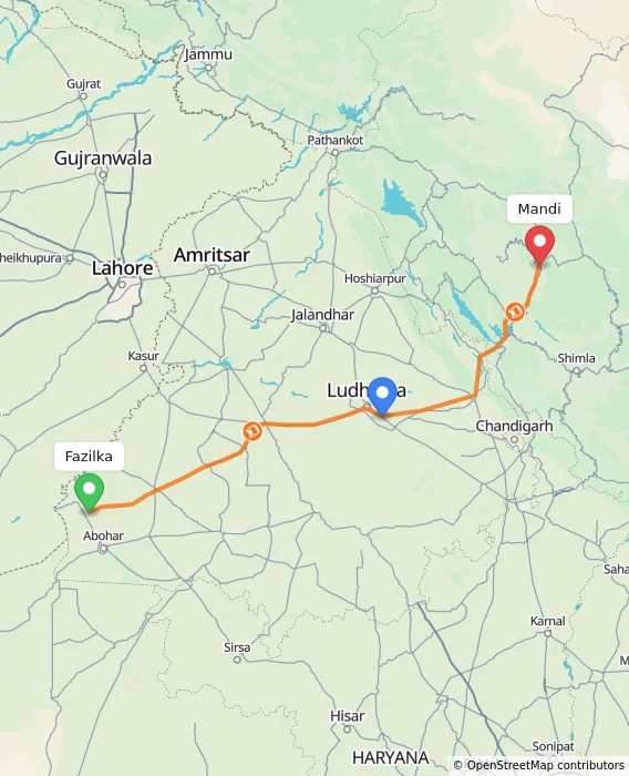 Route map showing distance and travel time from Fazilka, India to Mandi, India