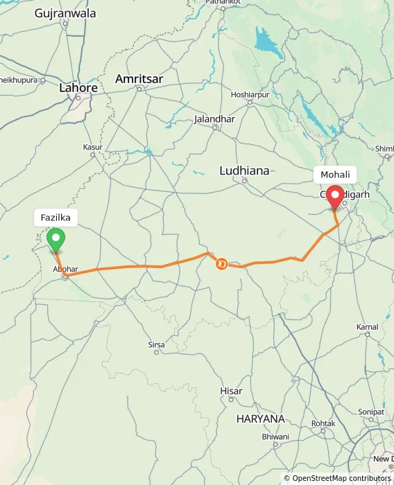 Route map showing distance and travel time from Fazilka, India to Mohali, India