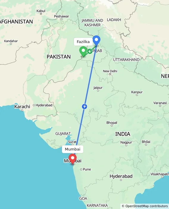 Route map showing distance and travel time from Fazilka, India to Mumbai, India