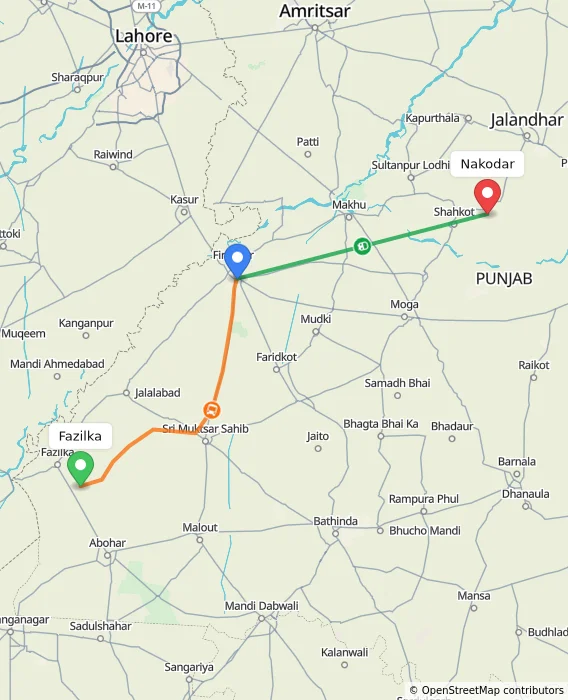 Route map showing distance and travel time from Fazilka, India to Nakodar, India