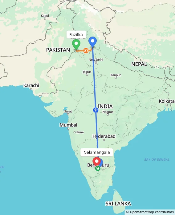 Route map showing distance and travel time from Fazilka, India to Nelamangala, India