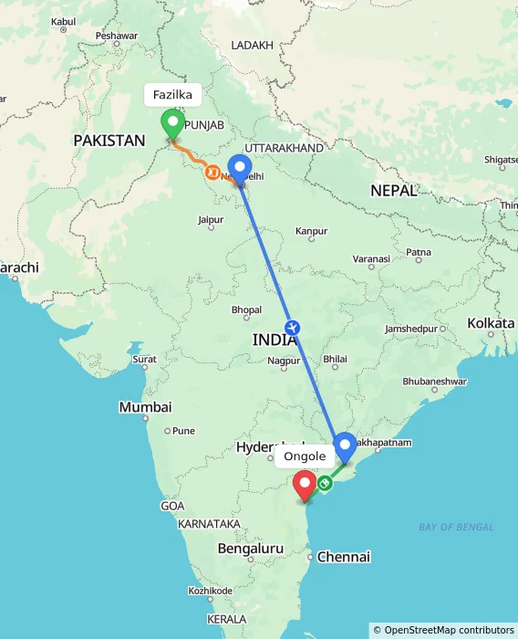 Route map showing distance and travel time from Fazilka, India to Ongole, India