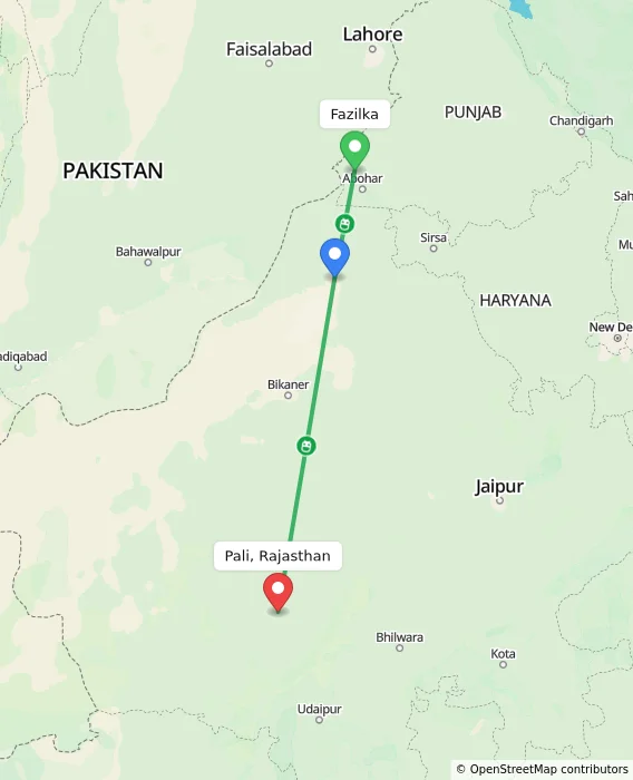 Route map showing distance and travel time from Fazilka, India to Pali, Rajasthan, India